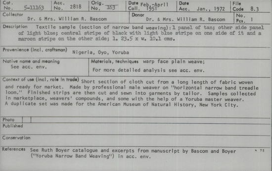 Documentation associated with Hearst Museum object titled Textile sample, accession number 5-11163, described as textile sample (section of narrow band weaving):  1 panel of tan; other side panel of light blue;  central stripe of black with light blue stripe on one side of it and a maroon stripe on the other side;  l. 23.5 x w. 10.1 cms.