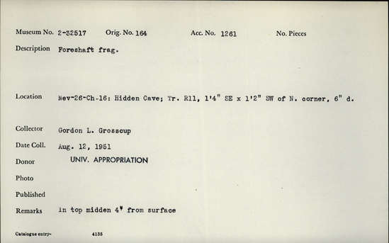 Documentation associated with Hearst Museum object titled Stick, accession number 2-32517, described as Foreshaft fragment.