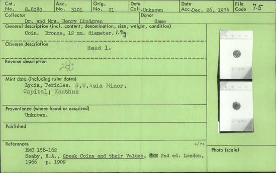 Documentation associated with Hearst Museum object titled Coin: æ, accession number 8-8080, described as Coin. Bronze, 12 mm. diameter, 1.9 grams. Obverse: Head facing left. Reverse: [untranscribable symbols with letters].