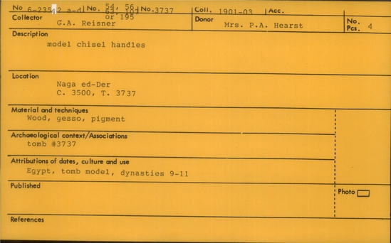 Documentation associated with Hearst Museum object titled Model chisel handles, accession number 6-23542a-d, described as Model chisel handles