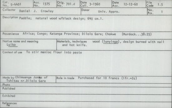 Documentation associated with Hearst Museum object titled Paddle, accession number 5-4401, described as Paddle; natural wood with black design; 64.5 cm l.