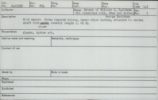 Documentation associated with Hearst Museum object titled Spear, accession number 2-19359, described as Three tapered points, inner edges barbed, attached to wooden shaft with sinew.