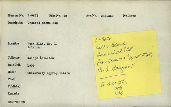 Documentation associated with Hearst Museum object titled Axe, accession number 2-9676, described as Grooved stone axe