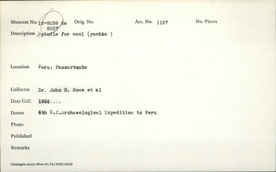 Documentation associated with Hearst Museum object titled Spindle (textile working equipment), accession number 16-8036, described as Puchka spindle for wool