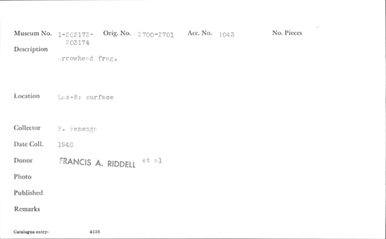 Documentation associated with Hearst Museum object titled Knife fragment, accession number 1-203173, described as Arrowhead fragment.