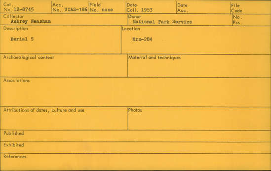 Documentation associated with Hearst Museum object titled Recataloged, accession number 12-8745, described as Burial 5. Recataloged to 12-8746