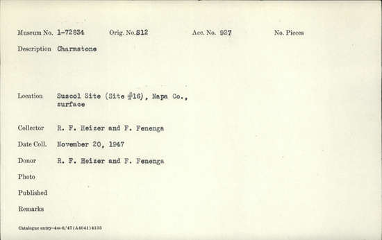 Documentation associated with Hearst Museum object titled Charmstone, accession number 1-72834, described as Charmstone.