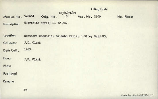 Documentation associated with Hearst Museum object titled Anvil, accession number 5-5664, described as quartzite anvil; length 12 cm