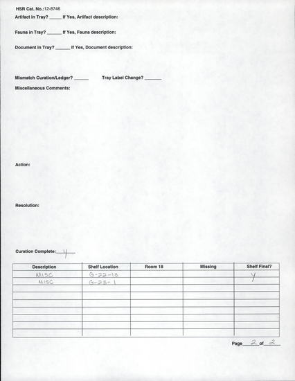 Documentation associated with Hearst Museum object titled Human remains, accession number 12-8746A, described as Remains of one one adult male.