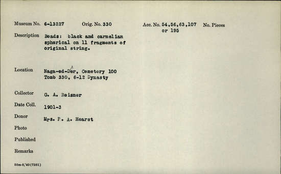 Documentation associated with Hearst Museum object titled Beads, accession number 6-13227, described as Beads: black and carnelian spherical (ball and ring) on 11 fragments of original string.