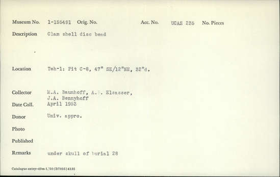 Documentation associated with Hearst Museum object titled Bead, accession number 1-155491, described as Clam shell disc.