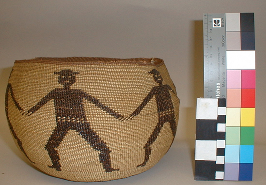 Hearst Museum object titled Bowl basket, accession number 1-70997, described as Twined. Bowl shape. Incurving rim. Anthropomorphic design.