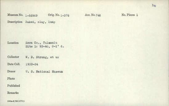 Documentation associated with Hearst Museum object titled Baked clay, accession number 1-52969, described as Baked clay,  lump