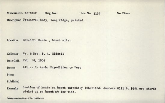 Documentation associated with Hearst Museum object titled Potsherd, accession number 16-8152, described as Potsherd; body, long ridge, painted.  Section of Manta on beach currently inhabited. Numbers  8111 to 8194 are sherds picked up on beach at low tide.