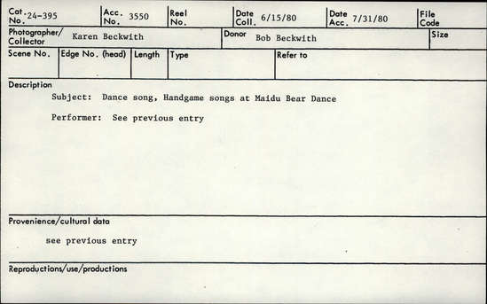 Documentation associated with Hearst Museum object titled Audio track, accession number 24-395.A.1, described as Hand game songs at the Maidu Bear Dance. Performed by Paiute Group from Schurz, Nevada.