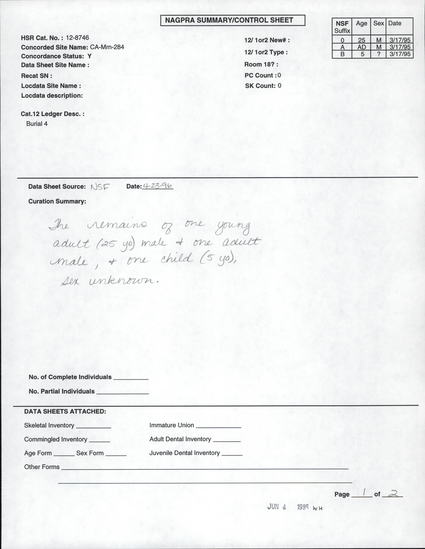 Documentation associated with Hearst Museum object titled Human remains, accession number 12-8746(0), described as Remains of one young adult (25 year old) male.