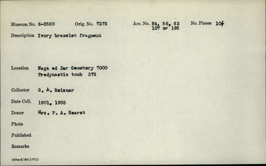 Documentation associated with Hearst Museum object titled Bracelet fragment, accession number 6-3560, described as Ivory bracelet fragment