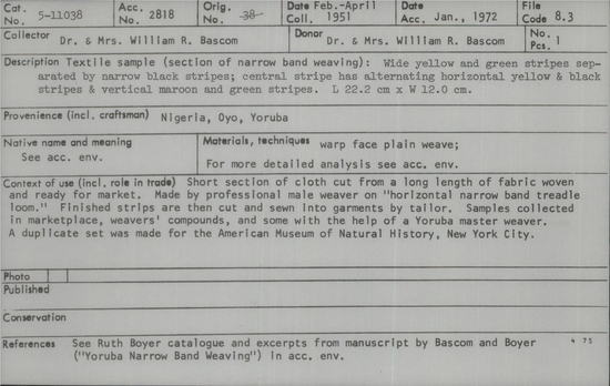 Documentation associated with Hearst Museum object titled Textile fragment, accession number 5-11038, described as Textile sample (section of narrow band weaving). Wide yellow and green stripes separated by narrow black stripes; central stripe has alternating horizontal yellow and black stripes & vertical maroon and green stripes.