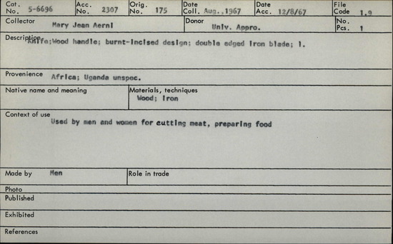 Documentation associated with Hearst Museum object titled Knife, accession number 5-6696, described as wood handle; burnt-incised design; double edged iron blade.