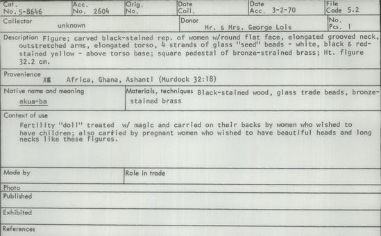 Documentation associated with Hearst Museum object titled Female figurine, accession number 5-8646, described as Figure; carved black-stained representation of woman with round flat face, elongated grooved neck, outstretched arms, elongated torso, 4 strands of glass “seed” beads in white, black and red stained yellow above torso base; square pedestal of bronze-strained brass; height of figure 32.2 cm