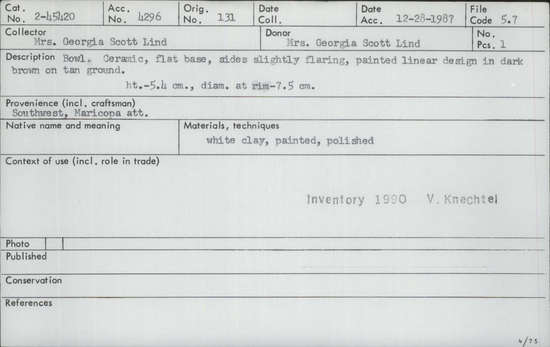 Documentation associated with Hearst Museum object titled Bowl, accession number 2-45420, described as Ceramic, flat base, sides slightly flaring, painted linear design in dark brown on tan ground.  White clay, painted, polished.