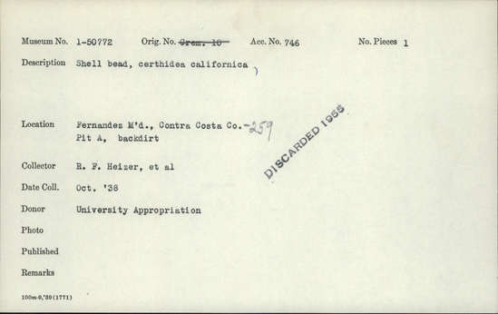 Documentation associated with Hearst Museum object titled Bead, accession number 1-50772, described as Shell, Cerithidea californica.