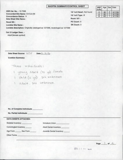 Documentation associated with Hearst Museum object titled Human remains, accession number 12-7588(0), described as Adult [female symbol]