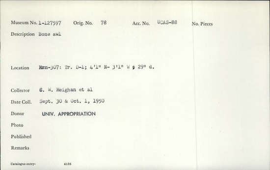 Documentation associated with Hearst Museum object titled Awl, accession number 1-127597, described as Bone awl.