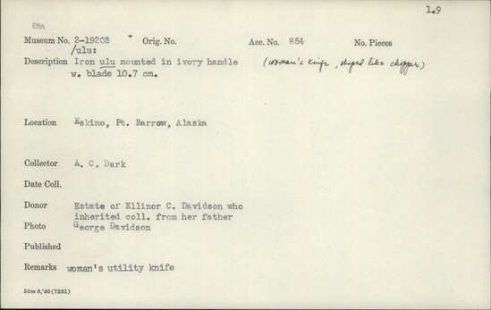 Documentation associated with Hearst Museum object titled Ulu, accession number 2-19203, described as Iron mounted in ivory handle.  Womans knife, shaped like chopper.