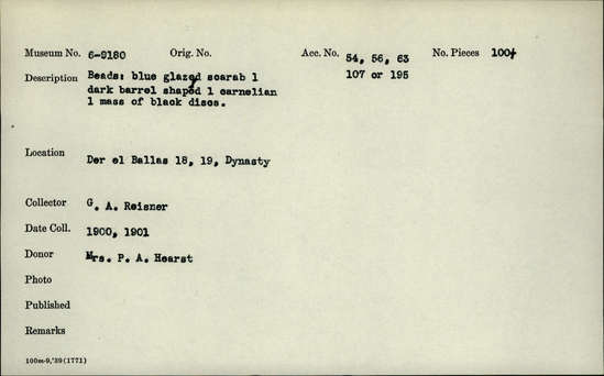 Documentation associated with Hearst Museum object titled Beads, accession number 6-9180b, described as Beads:  blue glazed scarab, one; dark barrel shaped, one; carnelian, one