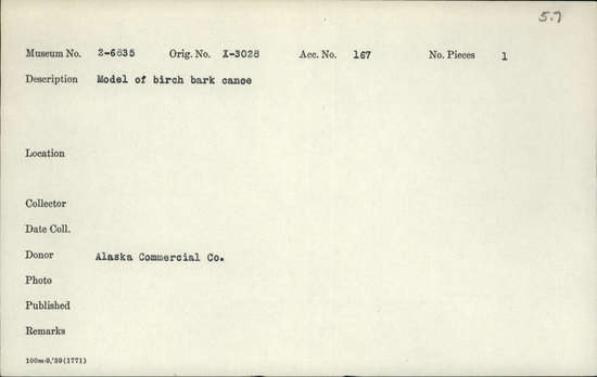 Documentation associated with Hearst Museum object titled Canoe model, accession number 2-6835, described as Model of birchbark canoe.