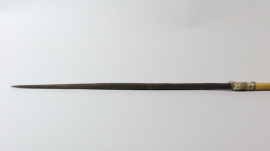 Hearst Museum object 1 of 2 titled Arrow, accession number 16-459, described as Arrow, smooth hardwood point, cane shaft, feathers in poor condition.