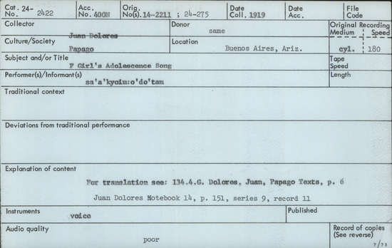 Documentation associated with Hearst Museum object titled Audio recording, accession number 24-2422, described as Girl's Adolescence Song Notebook 14, p.151 Series 9, Record 11