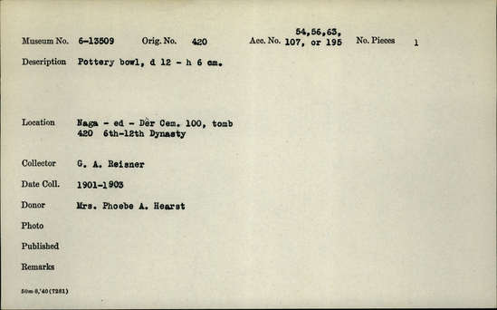 Documentation associated with Hearst Museum object titled Bowl, accession number 6-13509, described as pottery bowl, diameter 12 height 6 cm