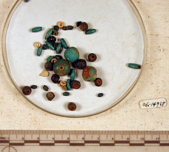 Hearst Museum object titled Beads, accession number 6-14969, described as Beads: 5 blue spherical; 11 blue barrel-shaped; 10 black spherical; 1 blue cylindrical; mixed blue and white discs