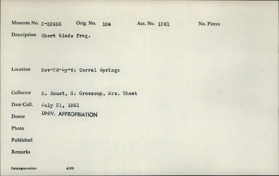 Documentation associated with Hearst Museum object titled Scraper fragment, accession number 2-32953, described as Chert blade fragment.