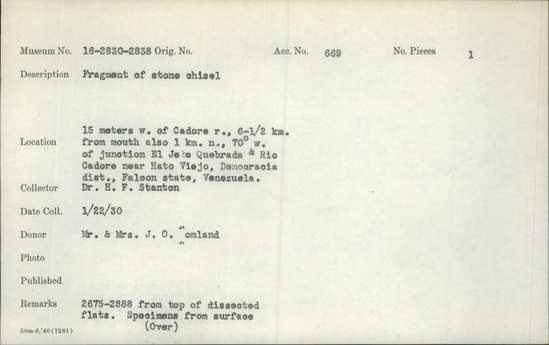 Documentation associated with Hearst Museum object titled Chisel, accession number 16-2830, described as Fragment of stone chisel