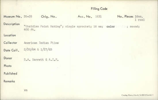 Documentation associated with Hearst Museum object titled 16mm color film with sound, accession number 26-28, described as Obsidian Point Making," color, with sound. Notice: Image restricted due to its potentially sensitive nature. Contact Museum to request access.