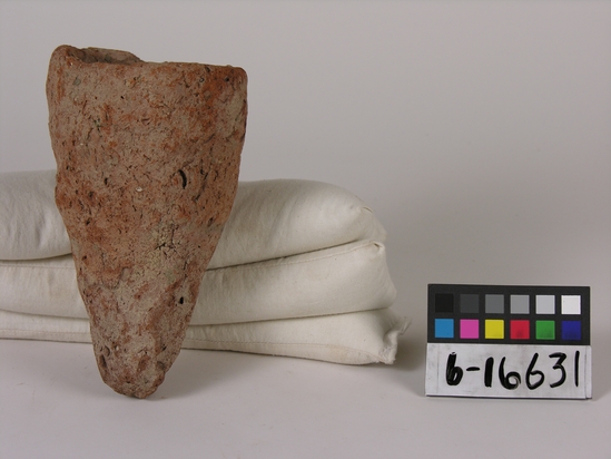 Hearst Museum object titled Beer cup, accession number 6-16631, described as Pottery: rough, red cup-like jar, pointed bottom; least diameter 8 cm, height 17 cm.