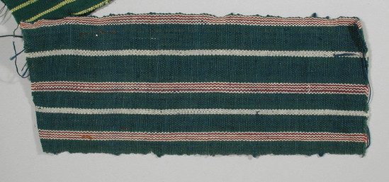 Hearst Museum object titled Textile fragment, accession number 5-11225, described as textile sample (section of narrow band weaving): green ground; two narrow white stripes; three stripes of alternating threads of  white and red.