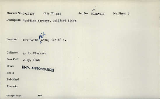 Documentation associated with Hearst Museum object titled Scraper, accession number 2-32123, described as Obsidian, utilized flake.