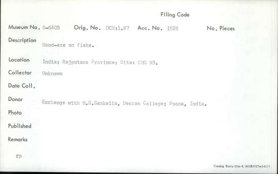 Documentation associated with Hearst Museum object titled Handaxe, accession number 9-6405, described as Hand-axe on flake.