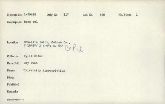 Documentation associated with Hearst Museum object titled Awl, accession number 1-29448, described as Made of bone.