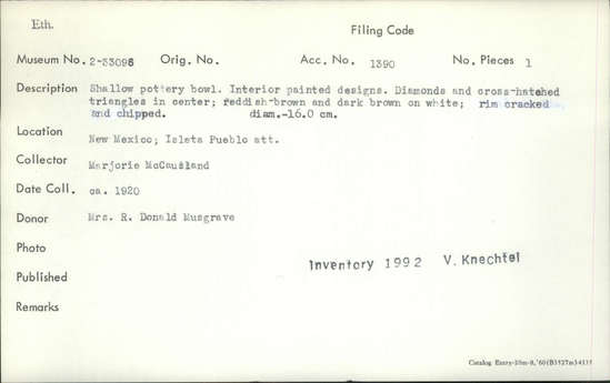 Documentation associated with Hearst Museum object titled Bowl, accession number 2-33096, described as Shallow pottery bowl. Interior painted designs. Diamonds and cross-hatched triangles in center. Reddish brown and dark brown on white. Rim cracked and chipped.