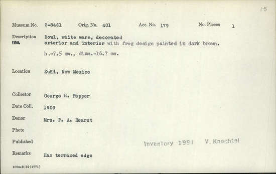 Documentation associated with Hearst Museum object titled Bowl, accession number 2-8461, described as Bowl, white ware, decorated exterior and interior with frog design painted in dark brown. Has terraced edge. Height 7.5 cm.; diameter 16.7 cm.