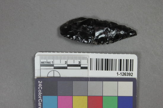 Hearst Museum object titled Projectile point, accession number 1-126392, described as Obsidian projectile point.