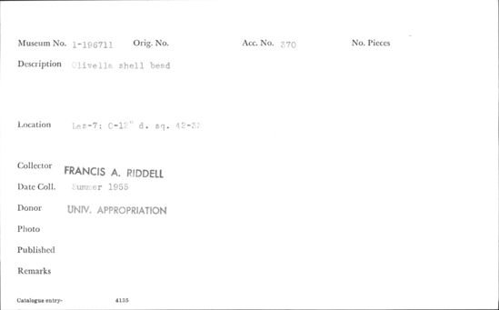 Documentation associated with Hearst Museum object titled Bead, accession number 1-196711, described as Olivella shell.