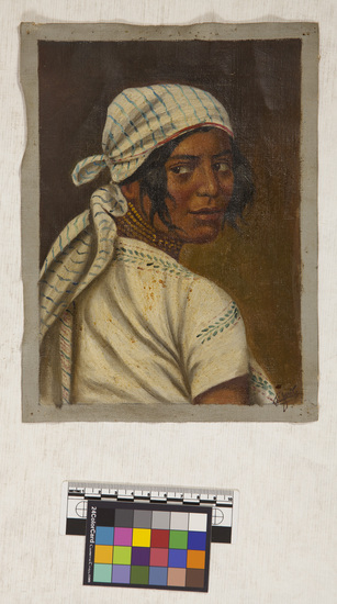 Hearst Museum object titled Painting, accession number 17-679, described as Portrait of woman in native dress, white headscarf and dress with blue trim.