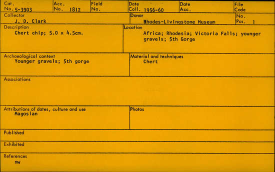 Documentation associated with Hearst Museum object titled Chip, accession number 5-3903, described as Chert chip