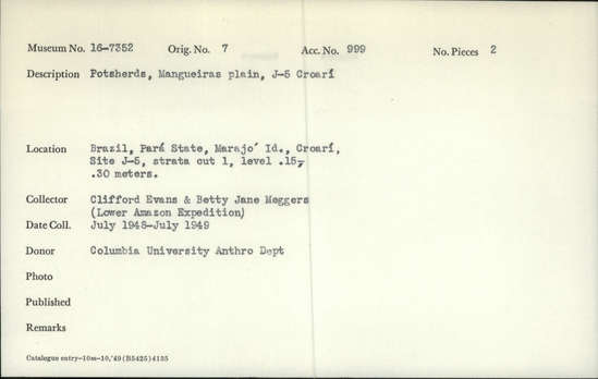 Documentation associated with Hearst Museum object titled Potsherds, accession number 16-7352, described as Potsherds, Mangueiras plain